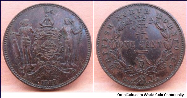 British North Borneo, one cent, AE, minted at the Heaton mint.