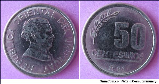 50 centesimos, stainless steel, obverse bust of Jose Gervasio Artigas (1764-1850), minted at Casa da Monedas do Brasil.