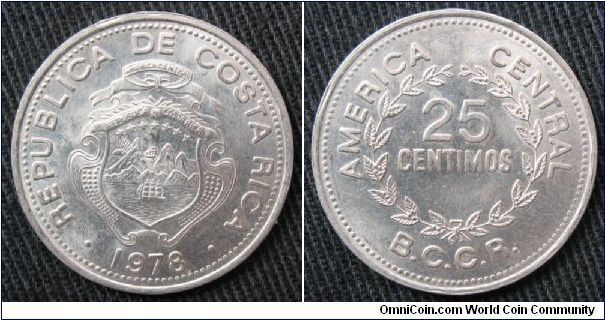 Republica de Costa Rica, 25 centimos, Ni-clad steel, obverse coat of arms.  Acronym BCCR reverse stands for Banco Central Costa Rica.