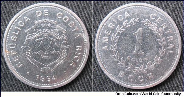 Republica de Costa Rica, 1 colon, obverse is coat of arms.  Acronym reverse BCCR stands for Banco Central Costa Rica.
