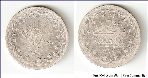 Ottoman 20 Korsh silver (majeedieh)in the Reign of Sultan Abdulazeez minted in Constantinople.
