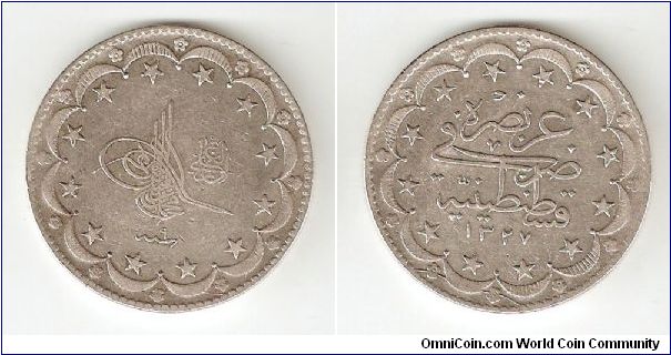 Ottoman 20 Korsh silver (majeedieh)in the Reign of Sultan Reshad minted in Constantinople.