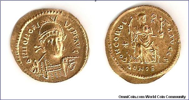Gold Solidus Honorius RIC 8 (X, Arcadius) & 201 (X, Theodosius II) Solidus Obv: DNHONORIVSPFAVG - Helmeted, diademed, cuirassed bust facing, holding spear over shoulder and shield.
Rev: CONCORDIAAVGG? Exe:*/CONOB - Constantinopolis seated, facing, stepping on galley prow, holding scepter and Victory on globe. 408-423 (Constantinopolis).