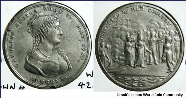 Queen Caroline Protected by Her Country. 1820 WM.42mm Engraver Kempson.  Brown#1025 RRR.