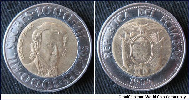1000 (mil) sucres, bi-metallic, obverse is bust of Eugenio Espejo, reverse is coat of arms.