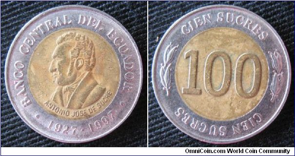 100 sucres, bi-metallic, obverse is bust of Antonio Jose de Sucre, one of the leaders of South American independence.