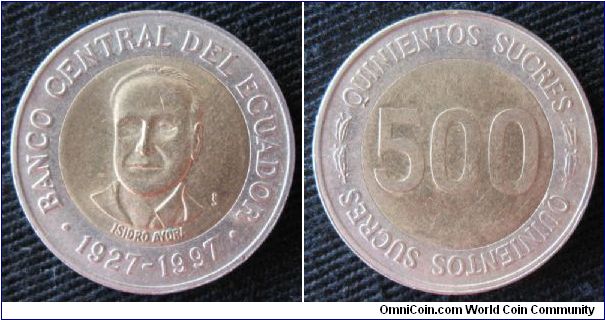 500 sucres, bi-metallic, obverse is bust of Isidro Ayora.