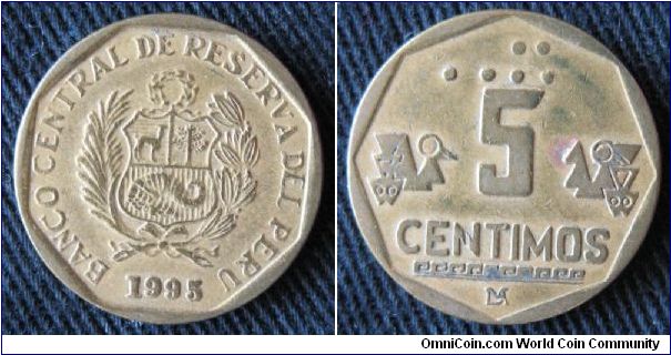5 centimos, obverse is coat of arms, reverse is Peruvian art.