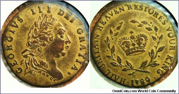 Middlesex National Series 1789 1/2d D&H 938. BHM 310. 25mm Gilt Bronze. Georgivs III Dei Gratia. Hail Britain Heaven Restores Your King. by Wilmore & Alston & Co. Rare