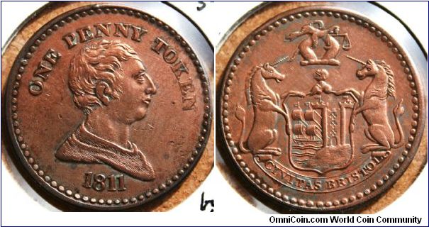 George III & City Arms.  Bristol 1d Token 1811. Copper 34mm. by T.Halliday. Withers#415