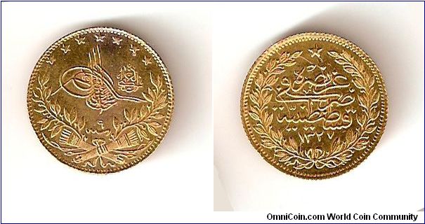 Ottoman Gold 1/2 Lira (50 Korsh)from the reign Sultan Reshad