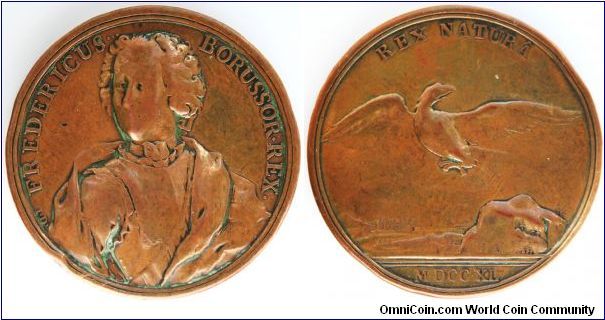 Frederick the Great: Fredericus Borussor.Rex (Frederick II King of Prussia) by I.D. Issued for his accession to the throne 1740. Copper 55mm
