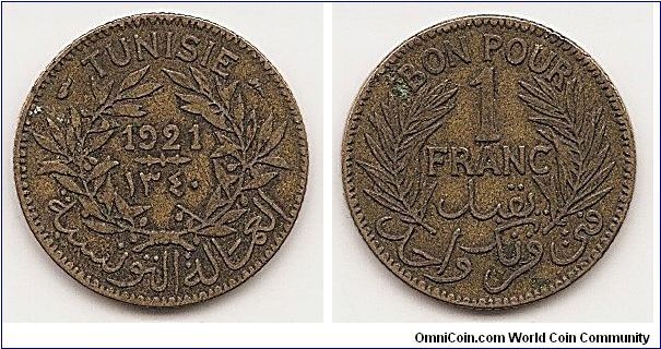 1 Franc -AH1340-
KM#247
Aluminum-Bronze, 23.5 mm. Obv: Date within wreath Rev:
Value within wreath Rev. Insc.: BON POUR (Good For) 1 FRANC