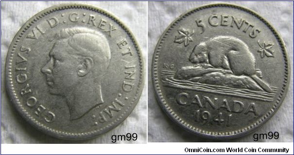 5 Cents, ROUND(Nickel) : 1937-1942
Obverse: Bare head of King George VI left,
O GEORGIVS VI D G REX ET IND IMP
Reverse: Beaver left,
5 CENTS CANADA date