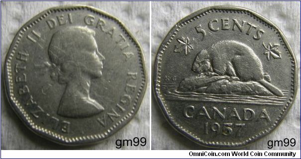 5 Cents (Nickel) : 1955-1962
Obverse: Bare head of Queen Elizabeth II right,
 ELIZABETH II DEI GRATIA REGINA
Reverse: Beaver left,
 5 CENTS CANADA date