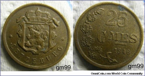 Luxembourg 25  Centimes (1946,1947),Bronze.Obverse: Crowned and ornamented shield with rampant lion left,
 LETZEBURG
Reverse: Spring or half wreath to left of value
R 25 C MES date