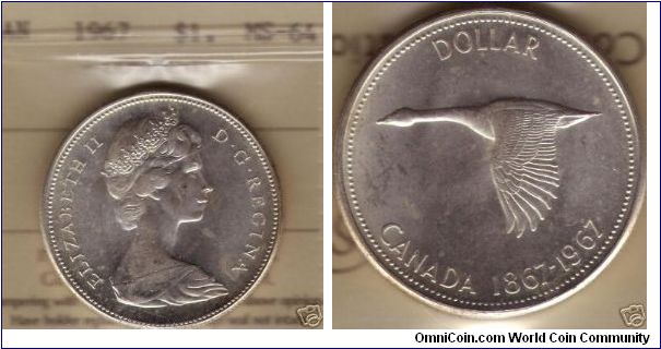 Canada 1967 Dollar.  Centennial year depicting a Canada goose.  ICCS MS-64.