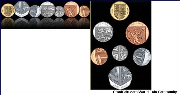 Two views of the new British coin reverse designs. The left hand picture shows how the coins fit together to produce the whole.