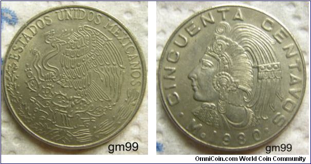 50 Centavos (Copper-Nickel) : 
Obverse: Eagle standing left on cactus, snake in beak, ESTADOS UNIDOS MEXICANOS
Reverse: Figure in Aztec headdress left CINCUENTA CENTAVOS Mo date