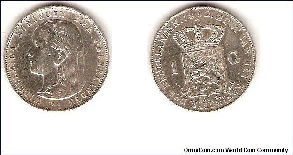 1 gulden (100 cents)
Wilhelmina koningin der Nederlanden.
Wilhelmina, queen of the Netherlands.
Issued during the Regency period. Until Wilhelmina's 18th birthday in 1898, her mother queen Emma von Waldeck-Pyrmont was queen-regent.
