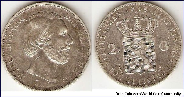 2 1/2 gulden (rijksdaalder)
Willem III koning der Ned(erlanden) G(root) H(ertog) V(an) L(uxemburg)
William III, king of the Netherlands, grand duke of Luxemburg