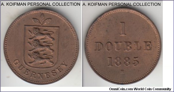 KM-10, 1885 Guernsey double, Heaton mint (H mint mark); bronze, plain edge; toned brown uncirculated, couple of oning spots, mintage of 56,000.
