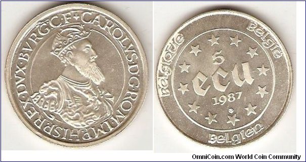 5 ecu
Charles V with titles: Carolus D(ei) G(ratia) ROM(anum) IMP(eratorem) HISP(aniarum) REX DUX BURG(undiae) C(omes) F(landriae)
Charles V, by the grace of God Roman emperor, king of Spain, duke of Burgundy, count of Flanders