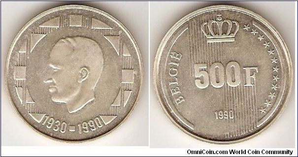 500 francs
60th anniversary of king Baudouin 1930-1990
Flemish version