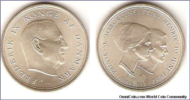 10 kroner
wedding commemorative crown princess Margrethe and prince Henrik June, 10th 1967
King Frederik IX