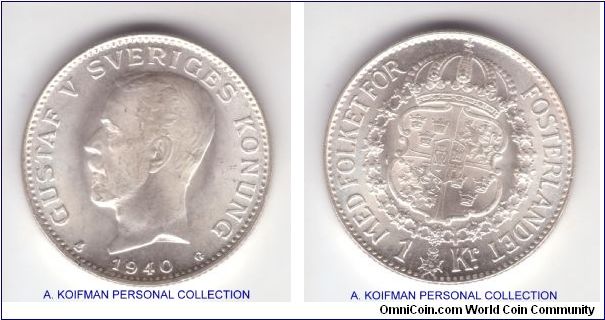 KM-786.2, 1940 Sweden krona; silver, reeded edge; in brilliant uncirculated condition
