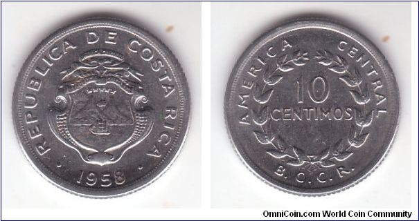 KM-185.1a, Costa Rica 1958 5 centimos, Philadelphia mint, struck un 1959; stainless steel, reeded edge