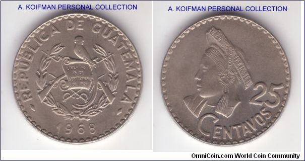 KM-269, 1968 Guatemala 25 centavos; copper nickel, lettered edge; good uncirculated specimen
