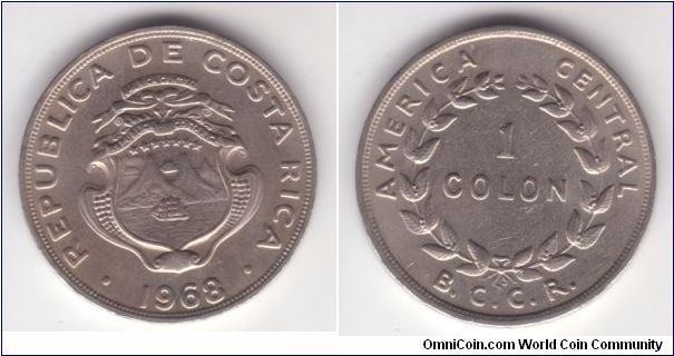 KM-186.2, 1968 Costa Rica colon; copper-nickel; - BCCR - edge inscription