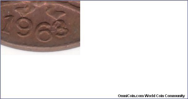 Overdate detail for 1963/3 unlisted overdate centavo CO63A  described below.