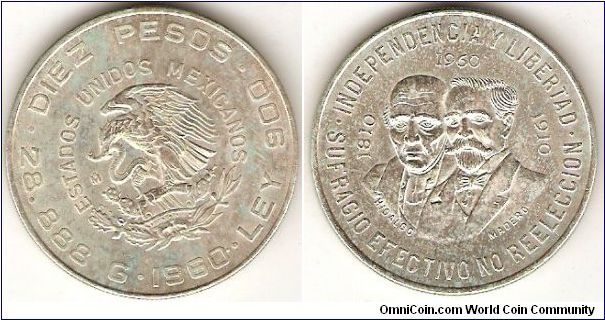 10 pesos
150th anniversary of independence
Miguel Hidalgo
Francisco Madero
28.888 gram 0.900 silver