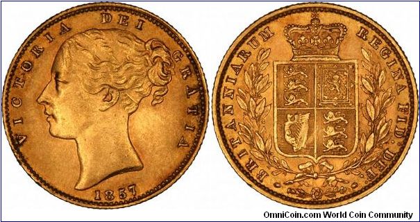 In 1857, there was only one main type of shield sovereign. The type, which has the second portrait, issued from 1853 to 1863, has a slightly larger head, in lower relief, and the reverse legends are repositioned.
There are no die numbers, and the engraver's initials WW are incuse on the truncation of the neck.
All 1857 sovereigns are therefore London Mint, second portrait, shield reverse, with no die number.