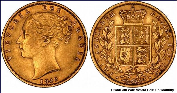 In 1849, there was only one main type of shield sovereign. The type, which has the second portrait, issued from 1848 to 1872, with a few gaps, has a slightly larger head, in lower relief, and the reverse legends are repositioned.
There are no die numbers, and the engraver's initials WW are in relief on the truncation of the neck.
All 1849 sovereigns are therefore London Mint, second portrait, shield reverse, with no die number.