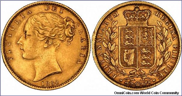 In 1850, there was only one main type of shield sovereign. The type, which has the second portrait, issued from 1848 to 1872, with a few gaps, has a slightly larger head, in lower relief, and the reverse legends are repositioned.
There are no die numbers, and the engraver's initials WW are in relief on the truncation of the neck.
All 1850 sovereigns are therefore London Mint, second portrait, shield reverse, with no die number.