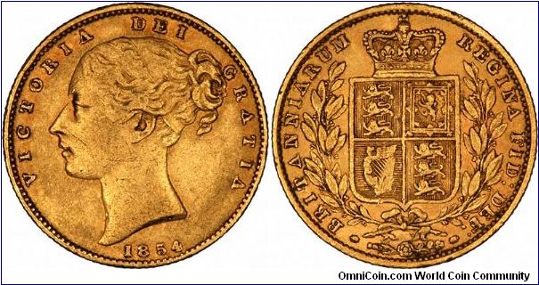 In 1854, there were two varieties of shield sovereigns, both types are of the second portrait, issued from 1848 to 1872, with a few gaps, has a slightly larger head, in lower relief, and the reverse legends are repositioned.
The difference between the two types is in the engraver's signature, WW, which is raised on the first 1854 type, and incuse on the second 1854 type. All 1854 sovereigns are therefore London Mint, second portrait, shield reverse, with no die number.