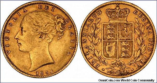 In 1854, there were two varieties of shield sovereigns, both types are of the second portrait, issued from 1848 to 1872, with a few gaps, has a slightly larger head, in lower relief, and the reverse legends are repositioned.
The difference between the two types is in the engraver's signature, WW, which is raised on the first 1854 type, and incuse on the second 1854 type. All 1854 sovereigns are therefore London Mint, second portrait, shield reverse, with no die number.