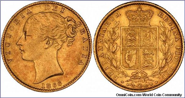 All 1866 sovereigns are the same type, London Mint, with die numbers on the reverse. This one is die number 63.