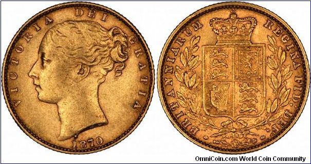There are two types of 1870 sovereigns, these are all of the second portrait, and all with a die number below the ribbon of the wreath and above the floral emblem on the reverse. The first type has the engraver's initials WW, incuse on the truncation of the neck, while the second type has these initials raised.
As the Sydney Mint did not start issuing British sovereigns, and the St. George and dragon reverse was not re-introduced, until the next year, 1871, all 1870 sovereigns are shield revers