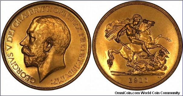 The 1911 gold five pounds or quintuple sovereign was only issued in a proof version, and was only available as part of the long gold proof set, the short set being only from sovereign downwards. The mintage was 2,812 pieces.