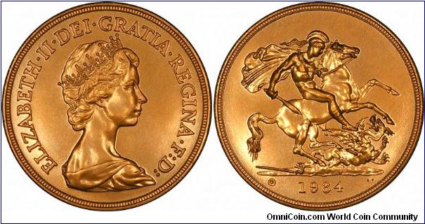 In 1984, the Royal Mint issued a three-coin gold proof set, which consisted of the five pounds, sovereign, and half sovereign, but with no two pound coin. This was the only year for which this configuration was issued.
So a proof version of the 1984 gold five pound coin exists, but only as part of, or split from, the 3-coin proof set, but in 1984, for the first time, the Mint issued a so called 'Brilliant Uncirculated' version. The 'BU' version has a letter U in a circle to the left of the date