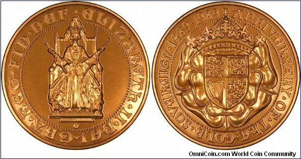 The obverse and reverse designs of the five pound gold coin, as well as that on the sovereign, half sovereign, and two pound gold coin were special for 1989. This was to celebrate the five hundredth anniversary of the first gold sovereign in 1489. Half millennium anniversaries are quite rare, so it was quite appropriate to have special designs for this year. As you can see from our photographs, 1989 five pounds did not use the by now traditional St. George and Dragon reverse design. BU version.