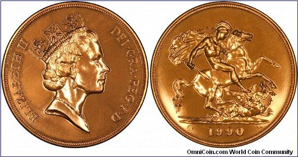 'Brilliant Uncirculated' version of the 1990 gold five pounds (quintuple sovereign). Maklouf (third) portrait.