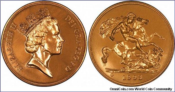 1993 'Brilliant Uncirculated' gold quintuple sovereign (five pounds), mintage 906 pieces.