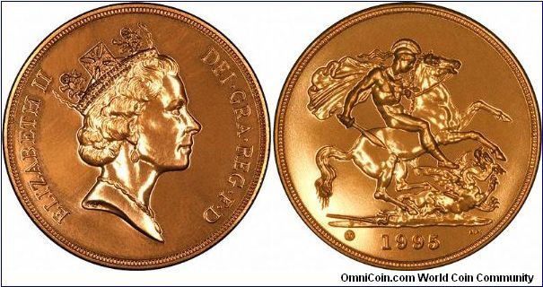 Another sell-out year, with the whole 1,000 piece issue limit sold, for the 1995 BU gold five pounds.