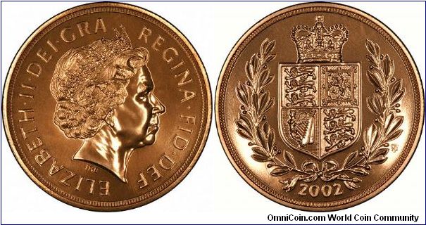 For the Queen's Golden Jubilee in 2002, a new version of the shield reverse design was used on gold sovereigns, and also quintuple sovereigns (five pound gold coins), as shown here on a so-called 'Brilliant Uncirculated' version.