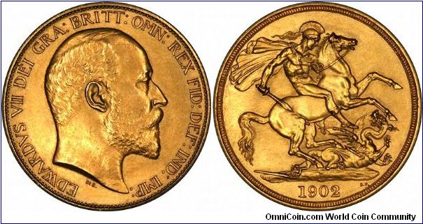 1902 gold two pound coins (double sovereigns) were issued in both ordinary uncirculated, and proof versions, the proofs being issued as part of 13-coin Coronation proof sets. The mintage figures for both types was surprisingly high at 8,066 proofs and 46,000 non-proof versions. We show the proof all of which had an all matt finish this year.